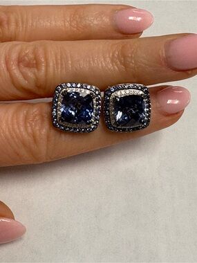 Suzy Levian Blue Sapphire Cushion-Cut Halo Stud Earrings NWT
